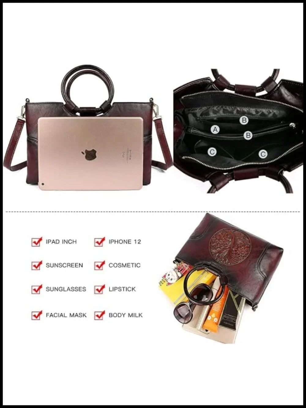 Vintage Faux Leather Satchel Tote Handbag with Detachable Strap